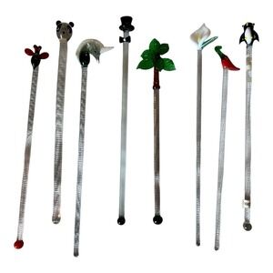 8 Assorted Glass Swizzle Sticks Stir Cocktail Stirrers Blown Glass Barware